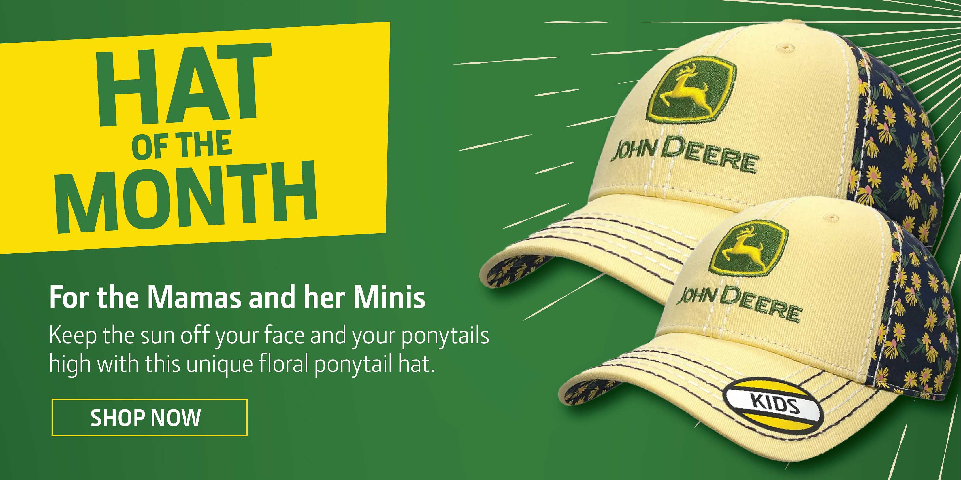 John Deere Hat of the Month. Gifts for Mom.For the Mamas and her Minis  Keep the sun off your face and your ponytails high with this unique floral ponytail hat.